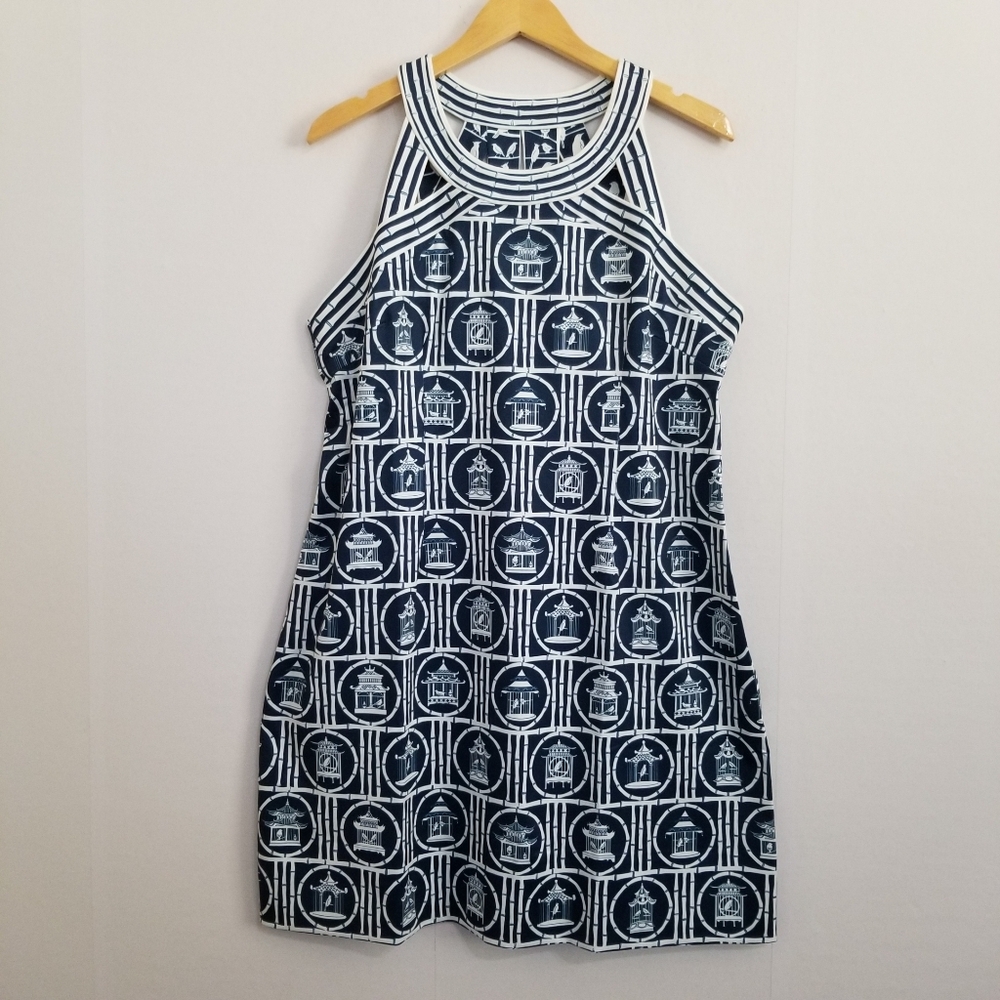 NWT Gretchen Scott Ruffneck Caged Bird Navy White Dress Size Diva 18 XXXL